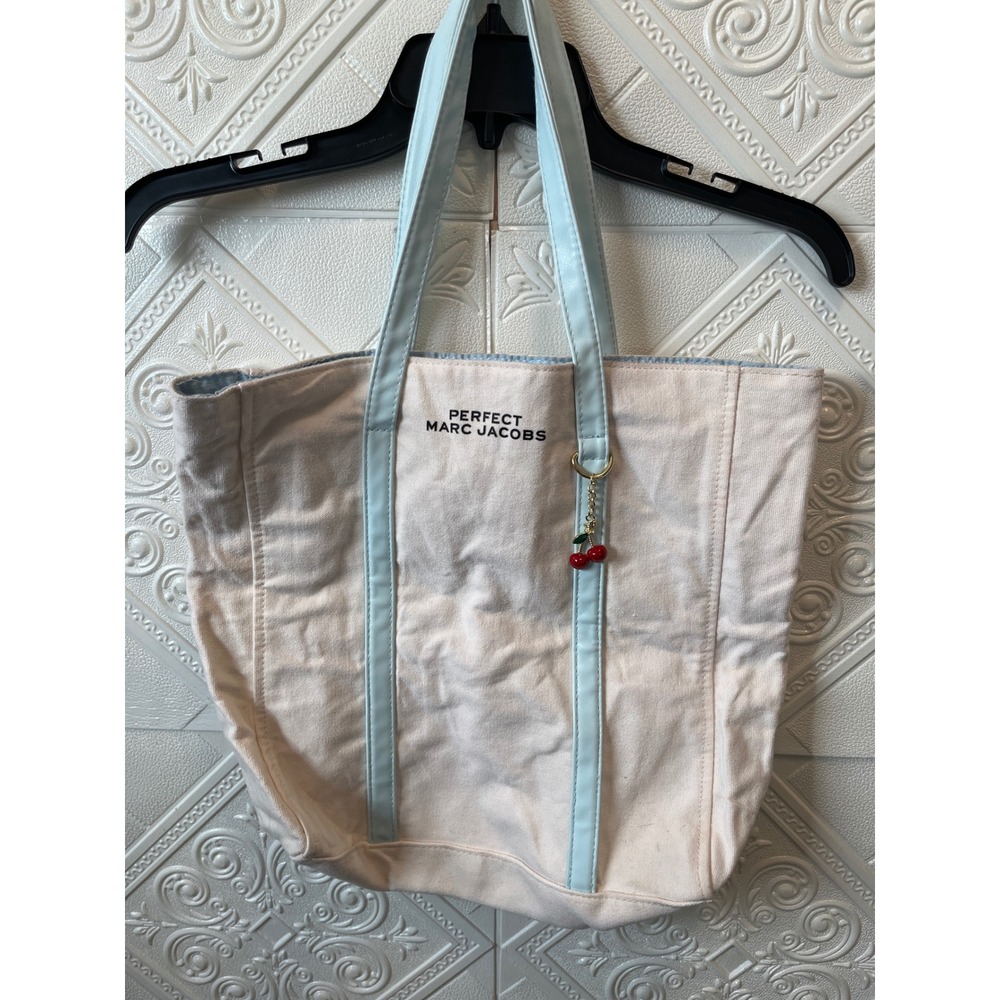 Marc Jacobs‎ Perfect Canvas Tote Bag Cream Blue Cherry Charm Shopper Large